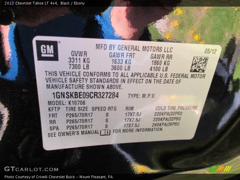 Info Tag of 2012 Tahoe LT 4x4
