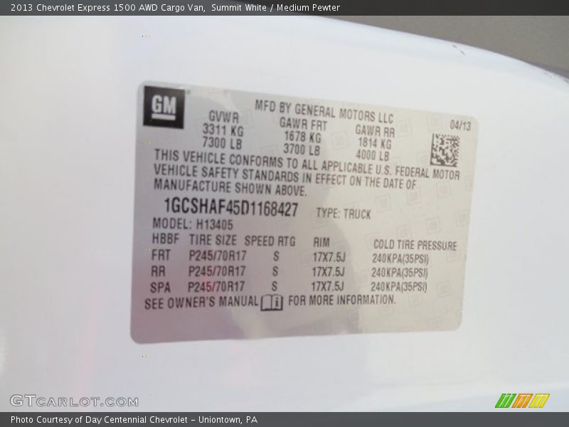 Summit White / Medium Pewter 2013 Chevrolet Express 1500 AWD Cargo Van