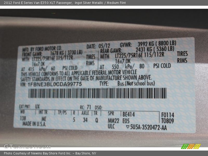Ingot Silver Metallic / Medium Flint 2012 Ford E Series Van E350 XLT Passenger