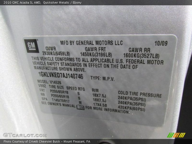 Quicksilver Metallic / Ebony 2010 GMC Acadia SL AWD