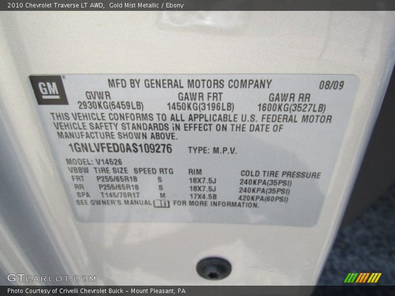 Info Tag of 2010 Traverse LT AWD