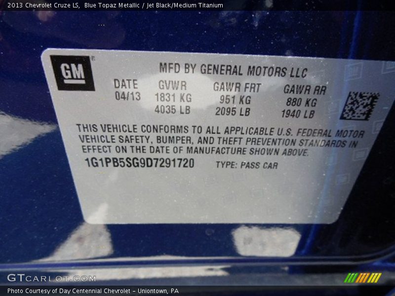Blue Topaz Metallic / Jet Black/Medium Titanium 2013 Chevrolet Cruze LS