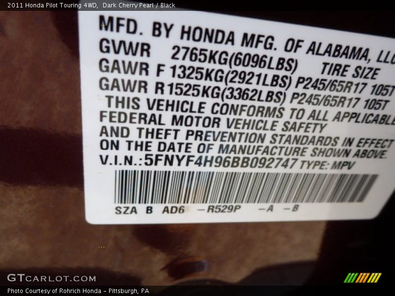 Dark Cherry Pearl / Black 2011 Honda Pilot Touring 4WD