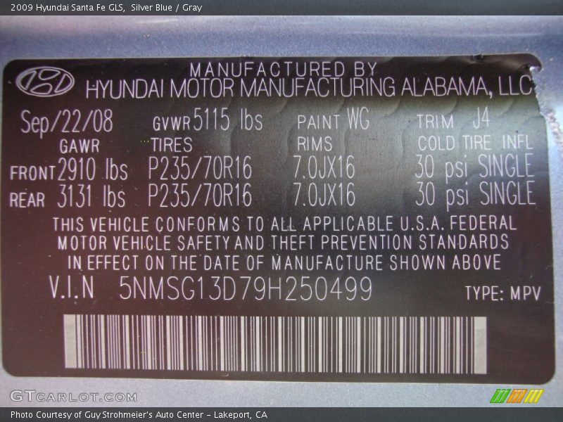 2009 Santa Fe GLS Silver Blue Color Code WG