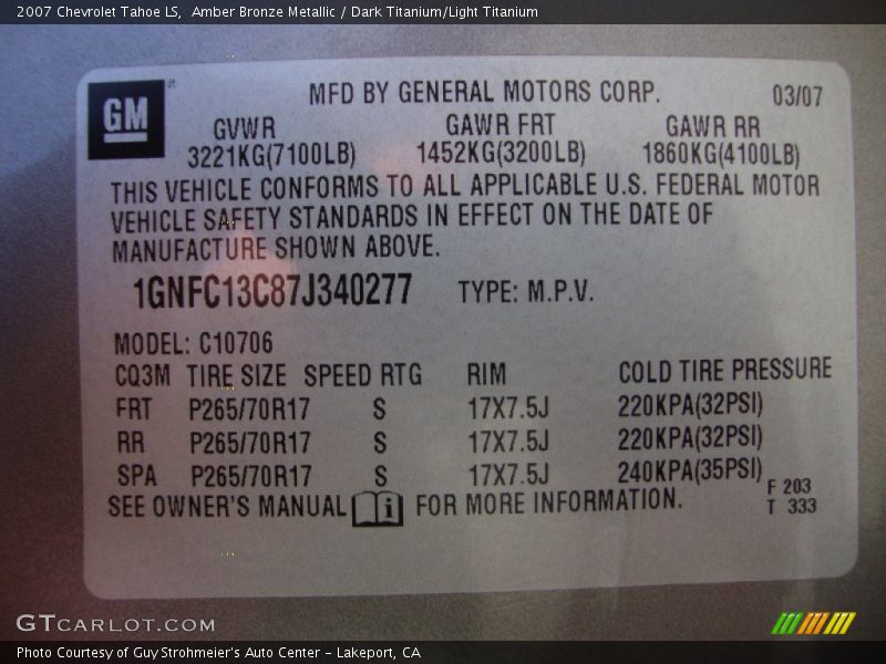 Amber Bronze Metallic / Dark Titanium/Light Titanium 2007 Chevrolet Tahoe LS