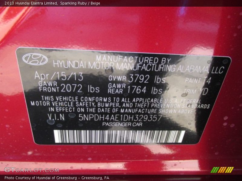 Sparkling Ruby / Beige 2013 Hyundai Elantra Limited