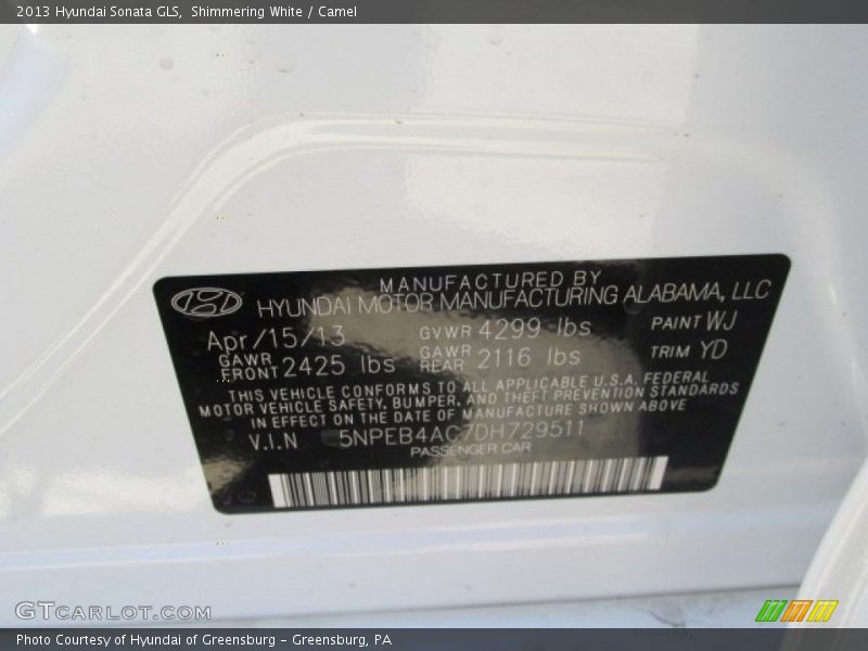 Shimmering White / Camel 2013 Hyundai Sonata GLS