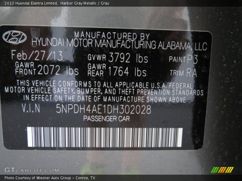 Harbor Gray Metallic / Gray 2013 Hyundai Elantra Limited