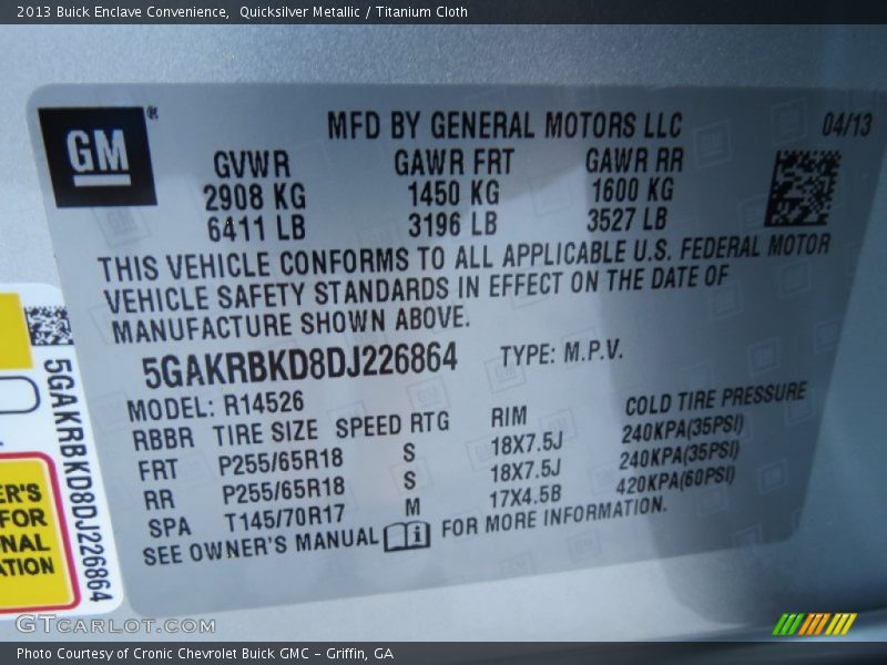 Quicksilver Metallic / Titanium Cloth 2013 Buick Enclave Convenience
