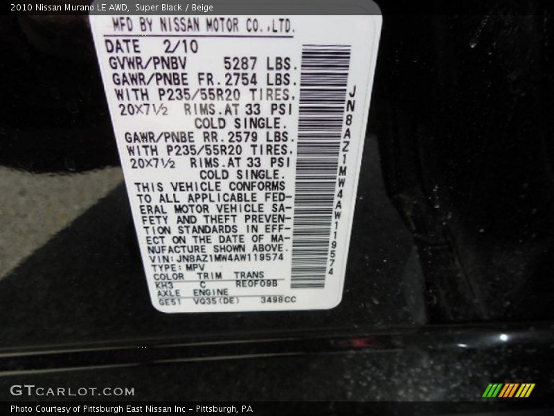 Super Black / Beige 2010 Nissan Murano LE AWD