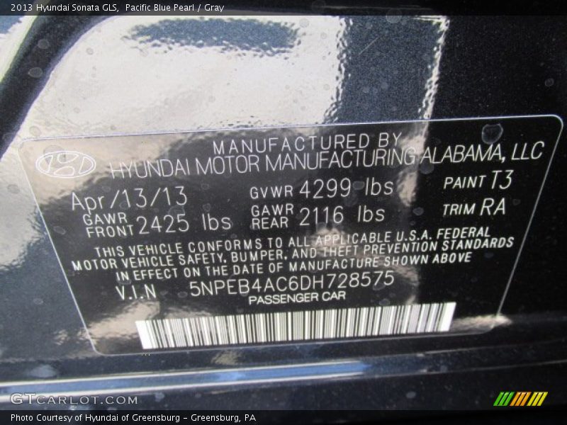 Pacific Blue Pearl / Gray 2013 Hyundai Sonata GLS