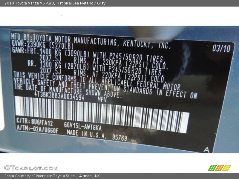 Tropical Sea Metallic / Gray 2010 Toyota Venza V6 AWD
