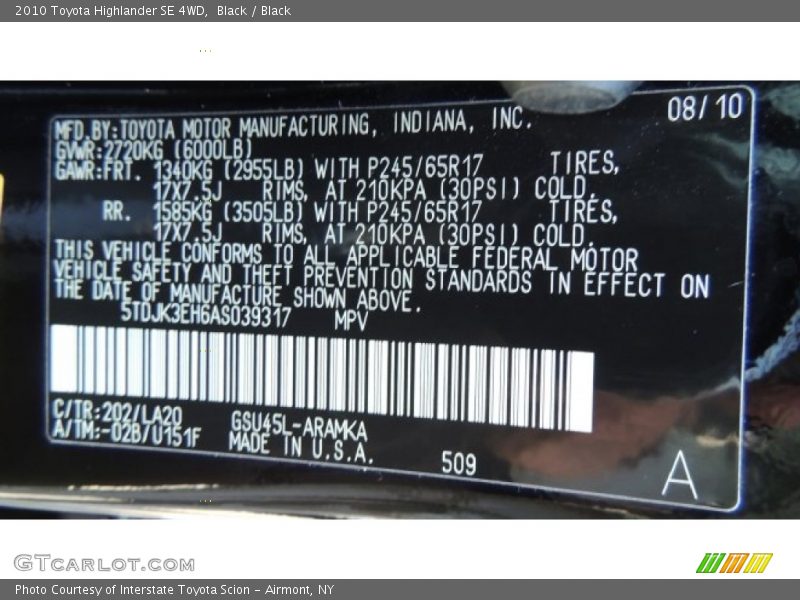Black / Black 2010 Toyota Highlander SE 4WD