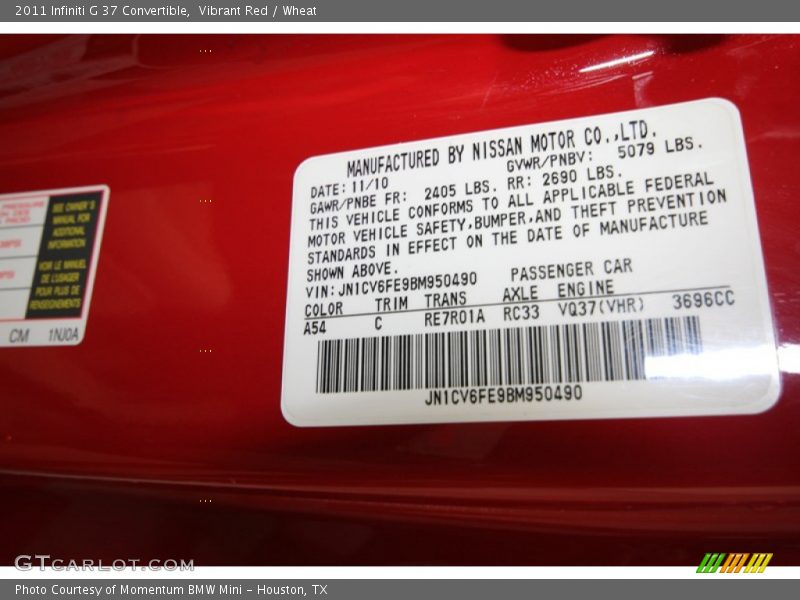 2011 G 37 Convertible Vibrant Red Color Code A54