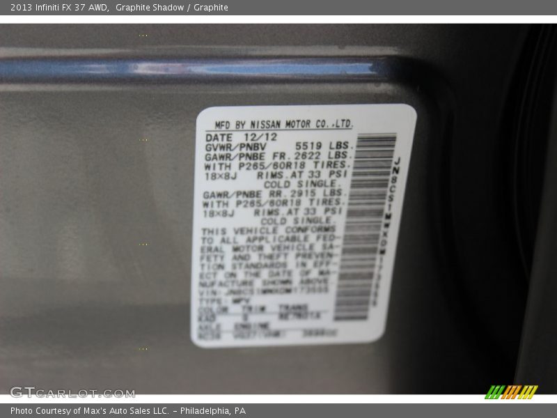 Graphite Shadow / Graphite 2013 Infiniti FX 37 AWD
