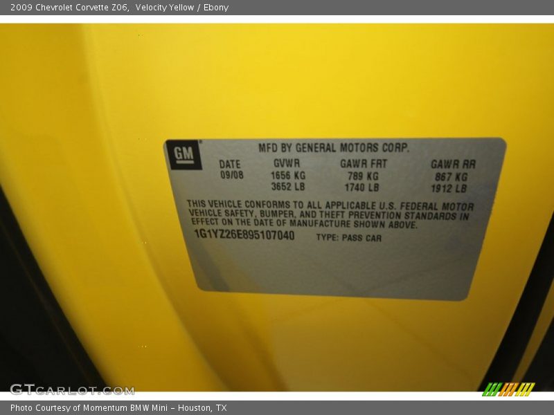 Info Tag of 2009 Corvette Z06