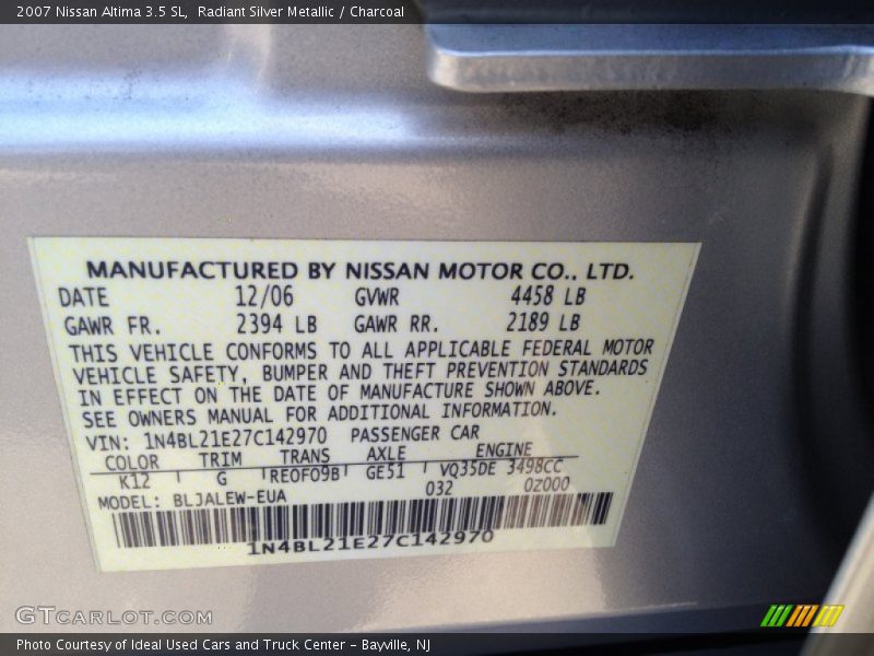 Radiant Silver Metallic / Charcoal 2007 Nissan Altima 3.5 SL