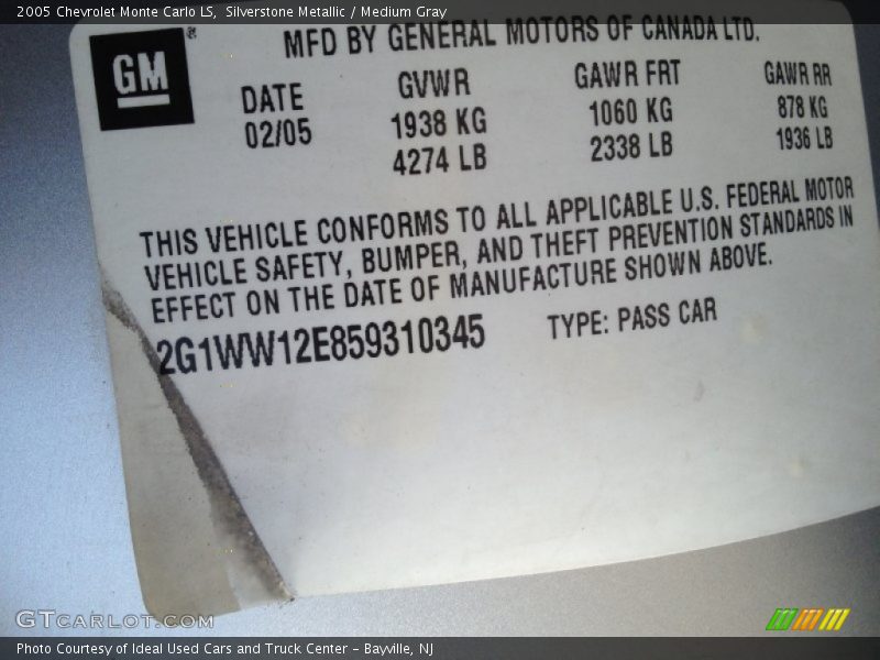 Silverstone Metallic / Medium Gray 2005 Chevrolet Monte Carlo LS