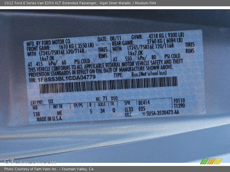 Ingot Silver Metallic / Medium Flint 2012 Ford E Series Van E350 XLT Extended Passenger