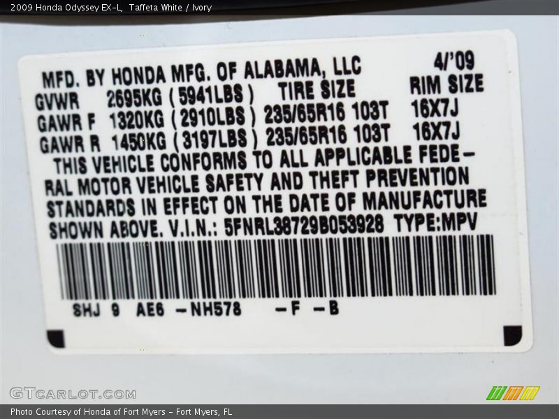 Taffeta White / Ivory 2009 Honda Odyssey EX-L
