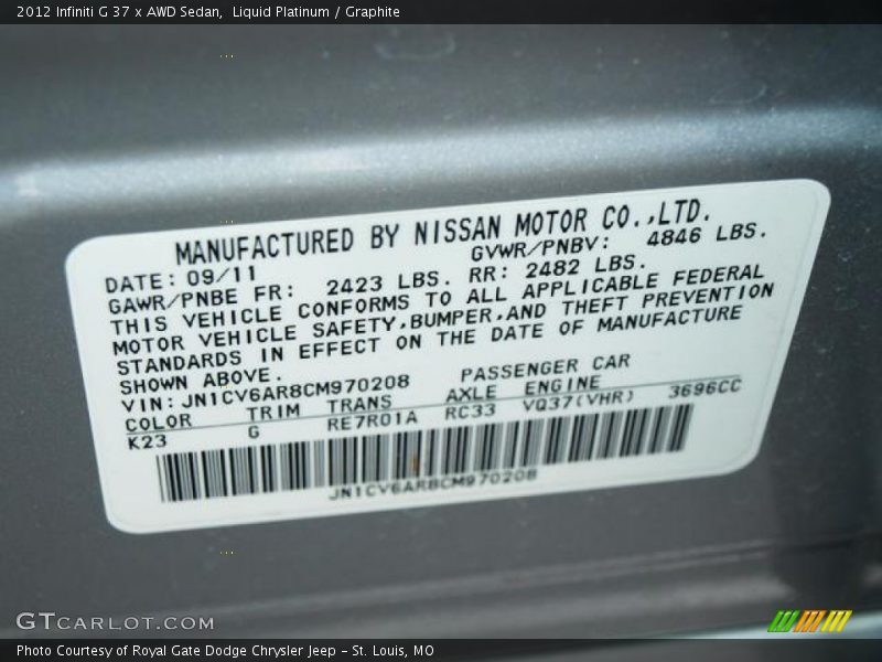 Liquid Platinum / Graphite 2012 Infiniti G 37 x AWD Sedan