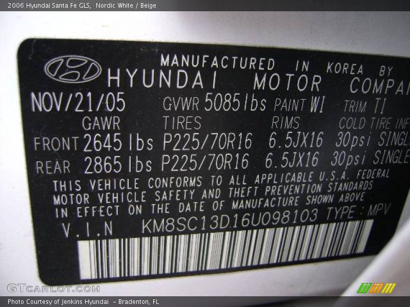 Nordic White / Beige 2006 Hyundai Santa Fe GLS