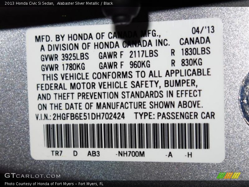 2013 Civic Si Sedan Alabaster Silver Metallic Color Code NH700M