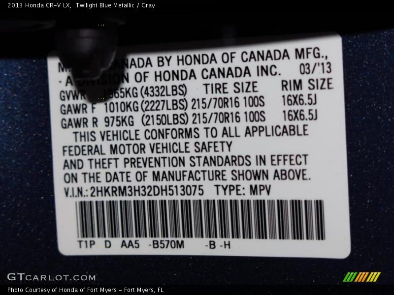 Twilight Blue Metallic / Gray 2013 Honda CR-V LX