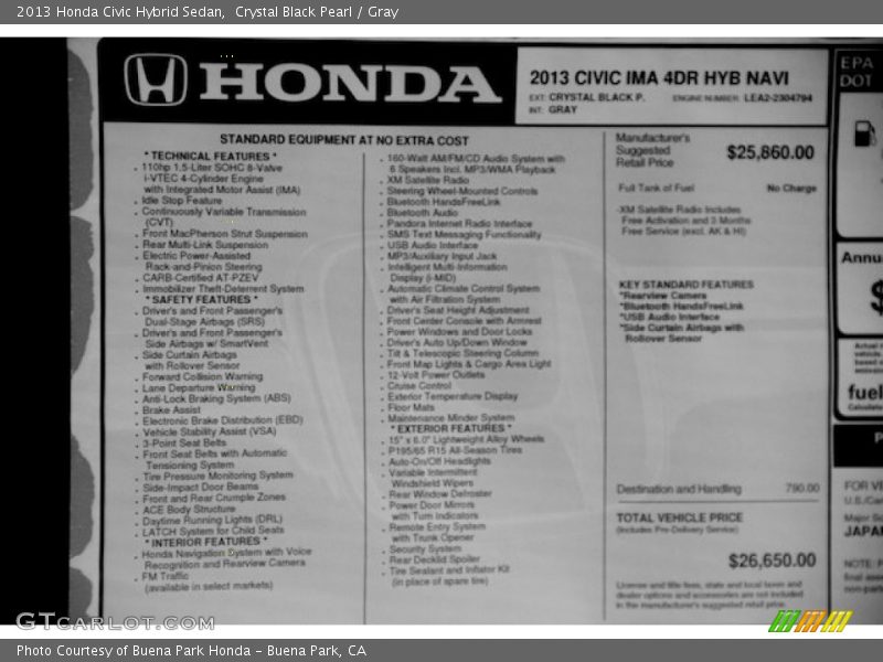 Crystal Black Pearl / Gray 2013 Honda Civic Hybrid Sedan