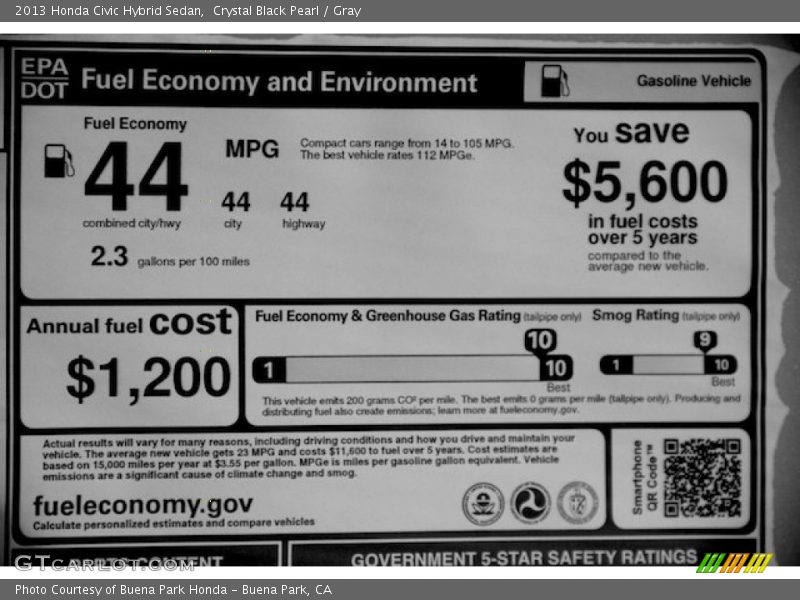 Crystal Black Pearl / Gray 2013 Honda Civic Hybrid Sedan