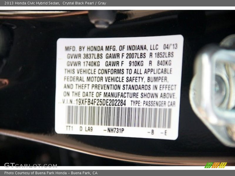 Crystal Black Pearl / Gray 2013 Honda Civic Hybrid Sedan