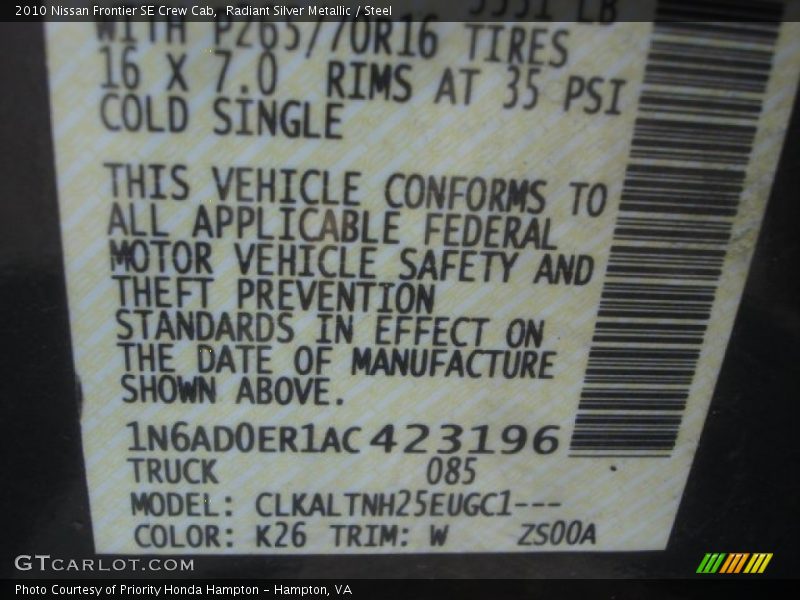 Radiant Silver Metallic / Steel 2010 Nissan Frontier SE Crew Cab