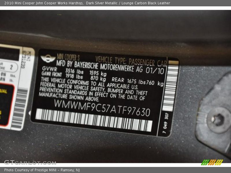 Dark Silver Metallic / Lounge Carbon Black Leather 2010 Mini Cooper John Cooper Works Hardtop