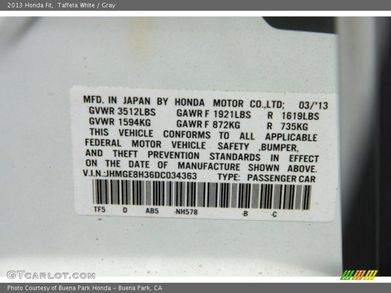 Taffeta White / Gray 2013 Honda Fit