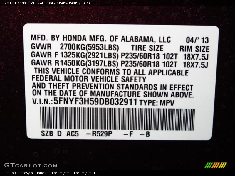 Dark Cherry Pearl / Beige 2013 Honda Pilot EX-L