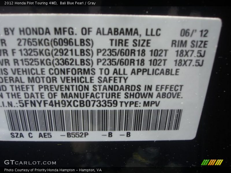 Bali Blue Pearl / Gray 2012 Honda Pilot Touring 4WD