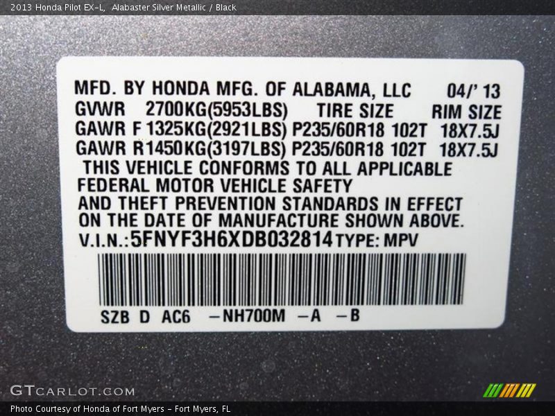 Alabaster Silver Metallic / Black 2013 Honda Pilot EX-L