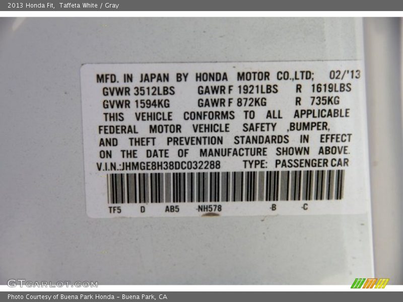 Taffeta White / Gray 2013 Honda Fit