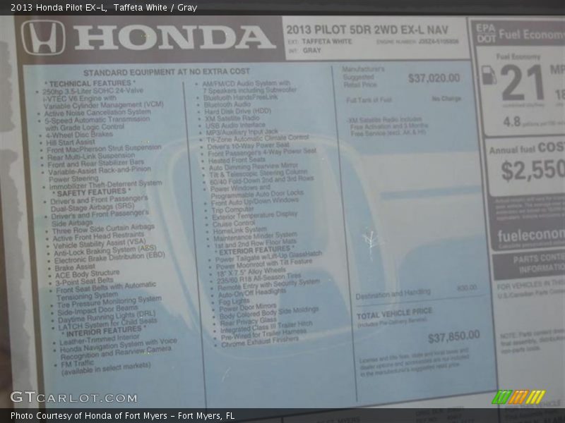 Taffeta White / Gray 2013 Honda Pilot EX-L