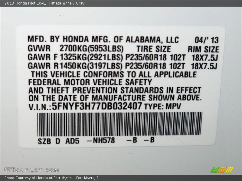 Taffeta White / Gray 2013 Honda Pilot EX-L