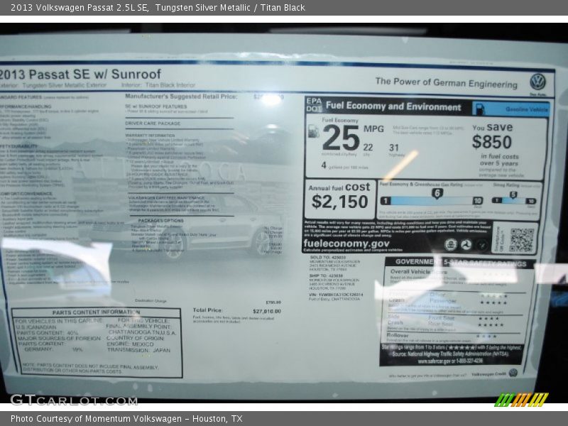 Tungsten Silver Metallic / Titan Black 2013 Volkswagen Passat 2.5L SE