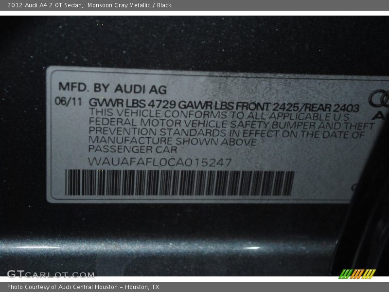 Monsoon Gray Metallic / Black 2012 Audi A4 2.0T Sedan