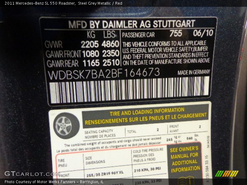 2011 SL 550 Roadster Steel Grey Metallic Color Code 755