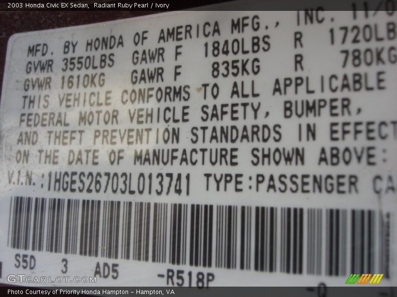2003 Civic EX Sedan Radiant Ruby Pearl Color Code R518P