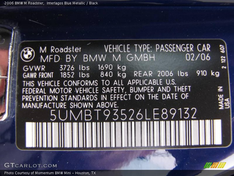 Interlagos Blue Metallic / Black 2006 BMW M Roadster