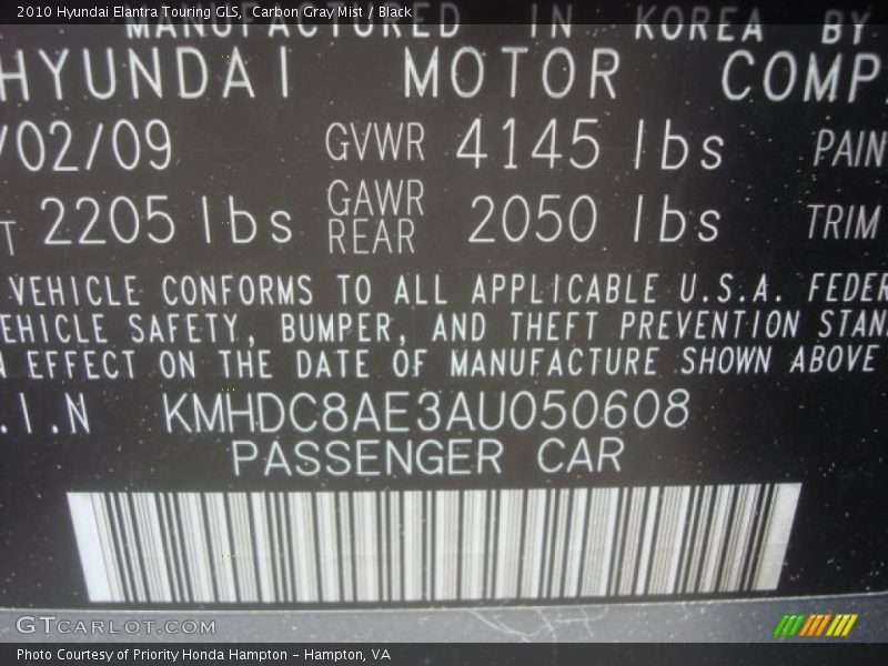 Carbon Gray Mist / Black 2010 Hyundai Elantra Touring GLS
