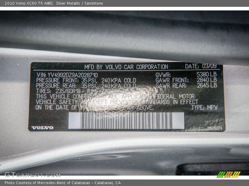 Silver Metallic / Sandstone 2010 Volvo XC60 T6 AWD