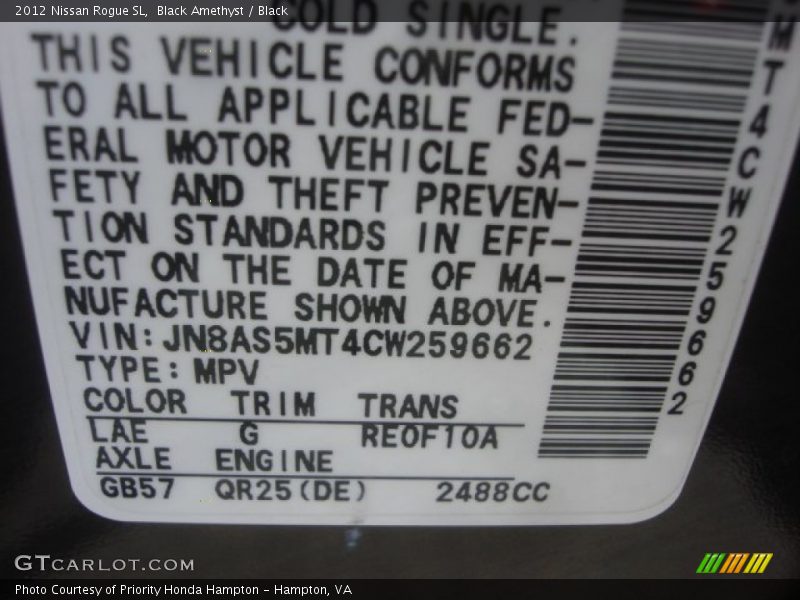 Black Amethyst / Black 2012 Nissan Rogue SL