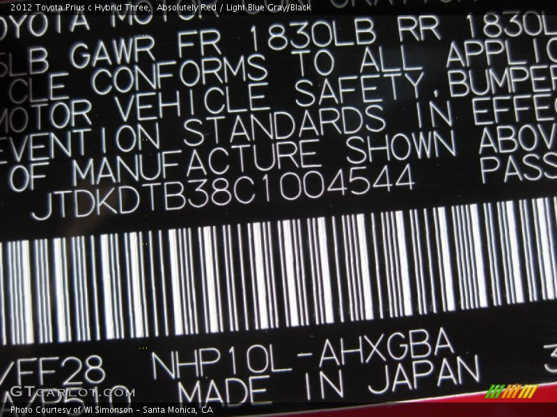Absolutely Red / Light Blue Gray/Black 2012 Toyota Prius c Hybrid Three