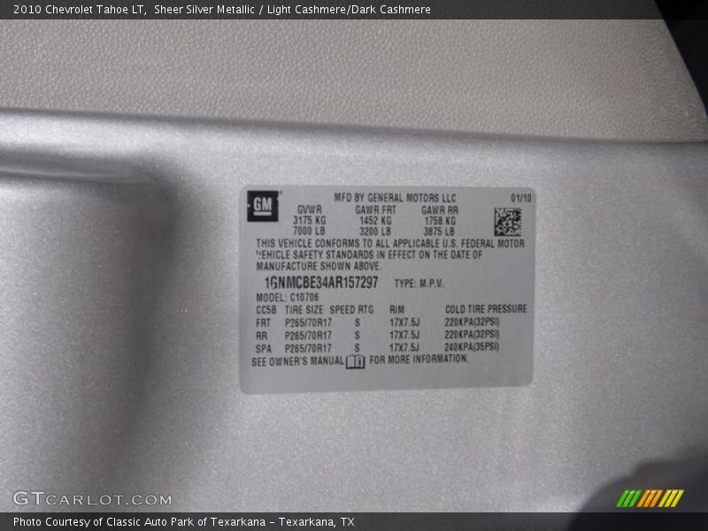 Sheer Silver Metallic / Light Cashmere/Dark Cashmere 2010 Chevrolet Tahoe LT